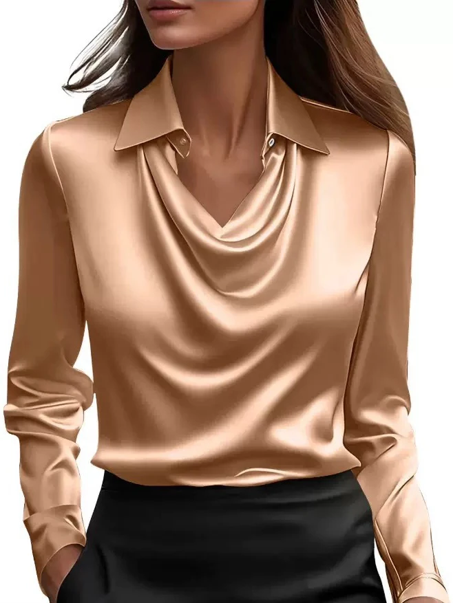 Silk Blouse - Women Long Sleeve Lapel V Neck