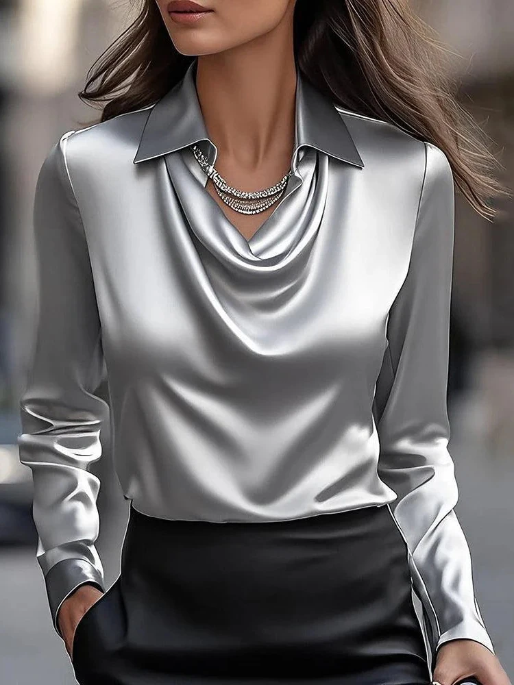 Women Long Sleeve Lapel V Neck - огляд і ціна Silk Blouse