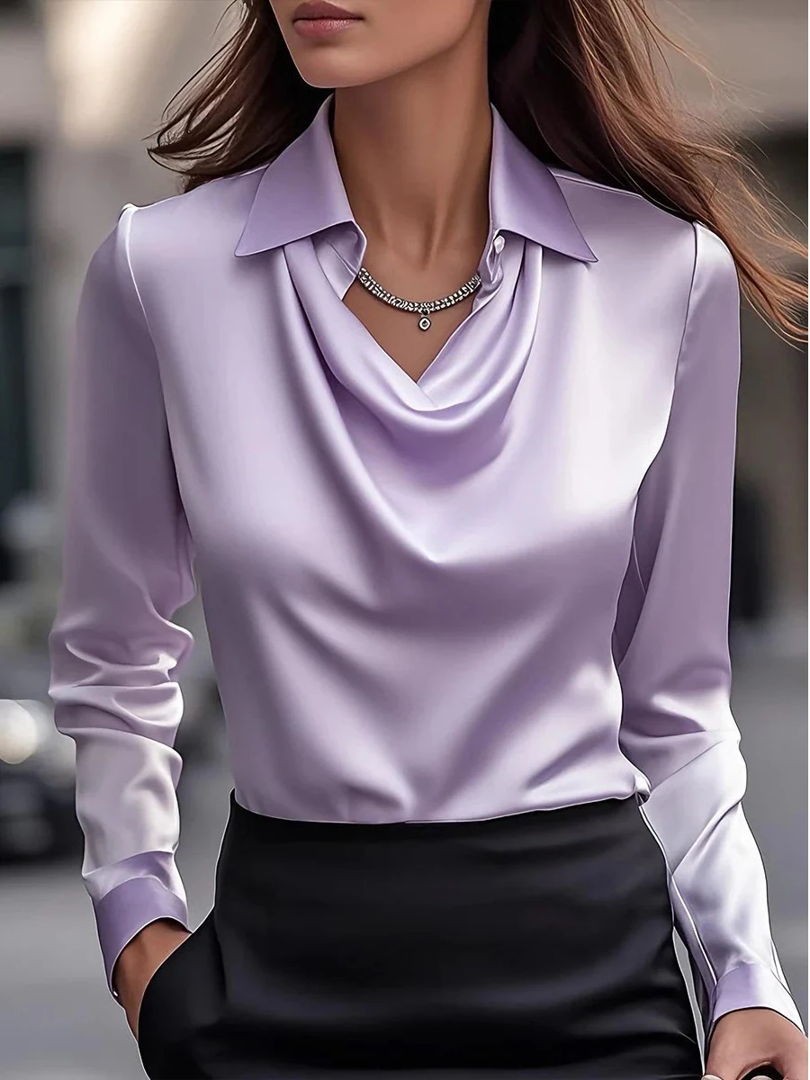 Women Long Sleeve Lapel V Neck - огляд і ціна Silk Blouse